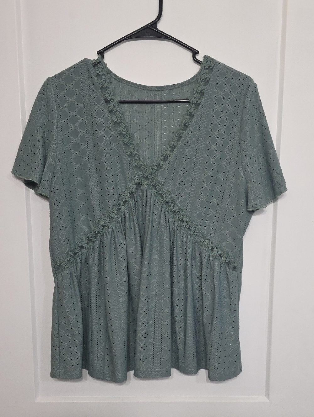 Eyelet V-Neck Peplum Top in Sage Green